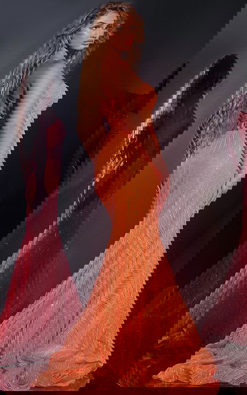 Back view of Jovani 44208 orange gown highlighting lace-up design and mermaid silhouette.