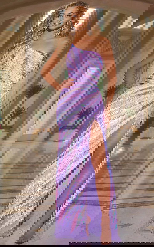 Model wearing Jovani 44220 lilac gown with one-shoulder neckline and high slit in front view.