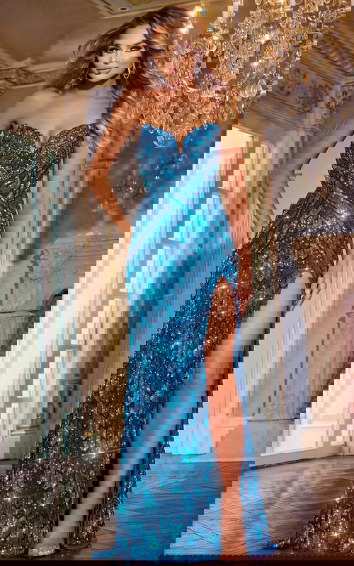 Model wearing Jovani 44270 blue sequined gown with sweetheart neckline.