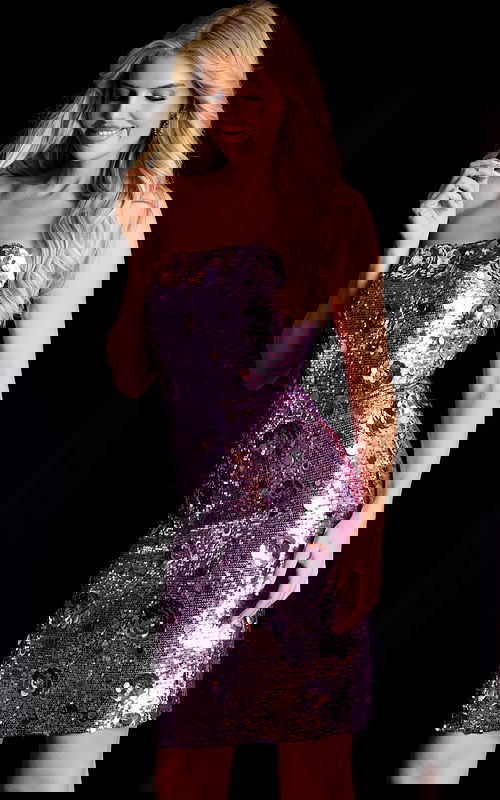 Strapless lilac sequin dress with iridescent sparkle