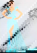 Aqua gown with floral shoulder accents and slit