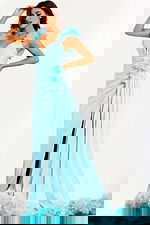 Aqua chiffon gown with ruched bodice and dramatic train