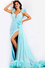 Elegant Aqua Gown With Floral Accents And High Slit