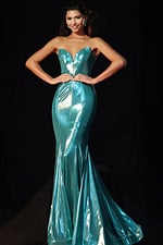 Fitted metallic gown featuring sweetheart neckline and flared hem