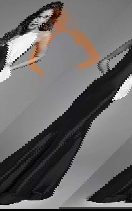 Strapless mermaid gown with asymmetrical white bow and rhinestone detail.