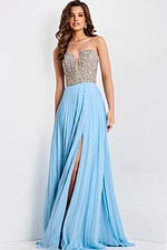 Light blue pleated skirt formal dress 44358