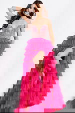 Hot pink tiered tulle prom dress with beaded corset top