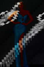 blue high slit metallic dress