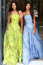 Formal strapless gown in shimmering jacquard