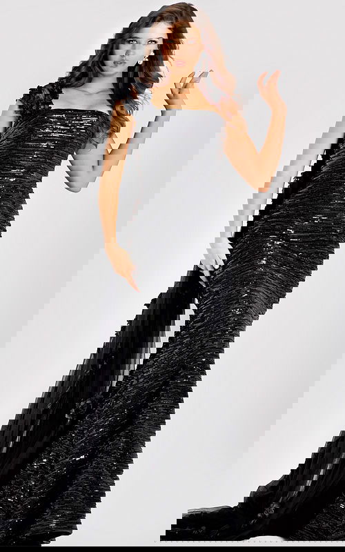 One shoulder sequin gown featuring a fitted silhouette, floral appliqué strap, and cascading sheer train for a glamorous evening look.