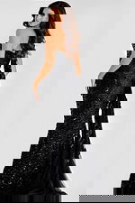 Strapless sequin mermaid gown featuring ruched detailing and a sheer floral embellished drape cascading from the back.