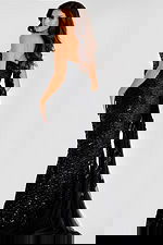 Strapless sequin mermaid gown featuring ruched detailing and a sheer floral embellished drape cascading from the back.