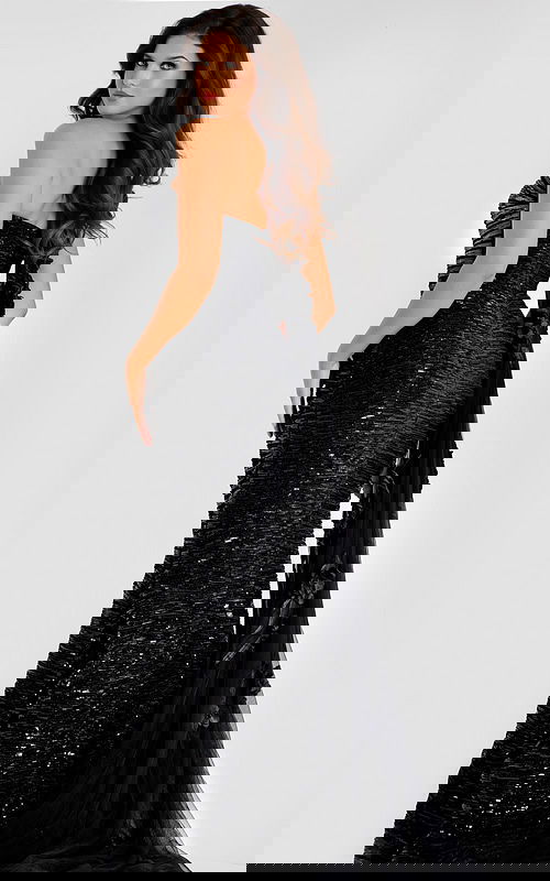 Strapless sequin mermaid gown featuring ruched detailing and a sheer floral embellished drape cascading from the back.