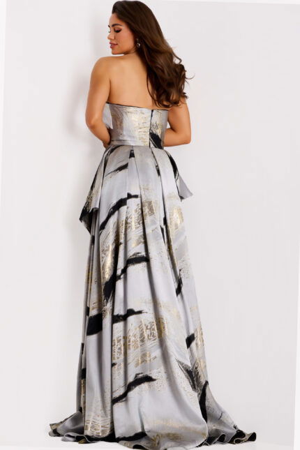 Formal gown with bold brushstroke patterns and structured silhouette
