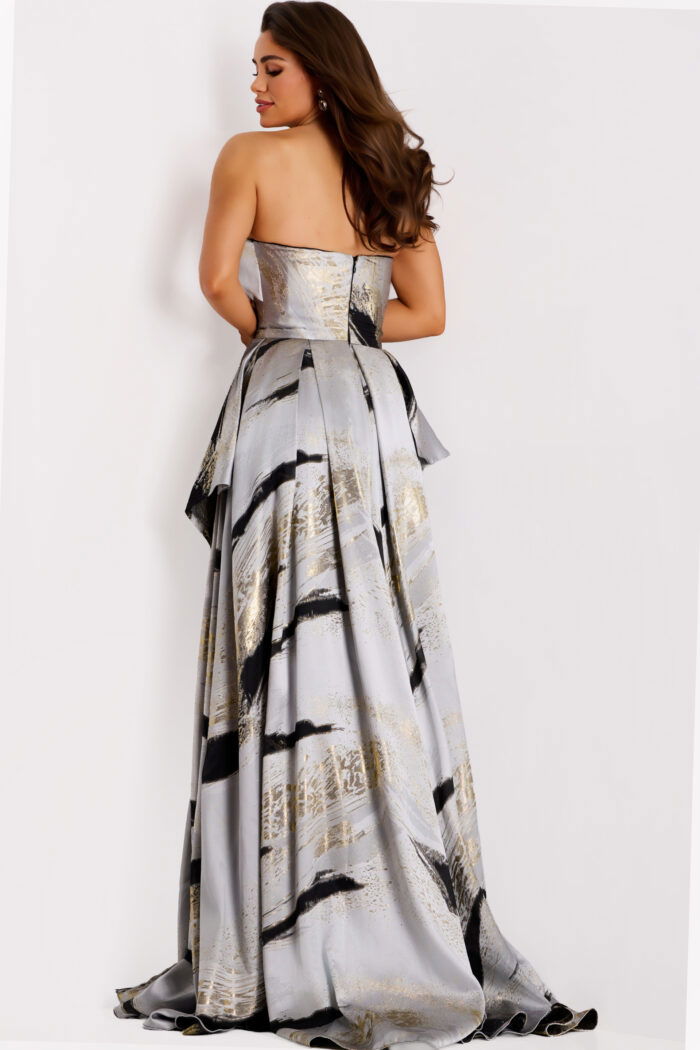 Formal gown with bold brushstroke patterns and structured silhouette