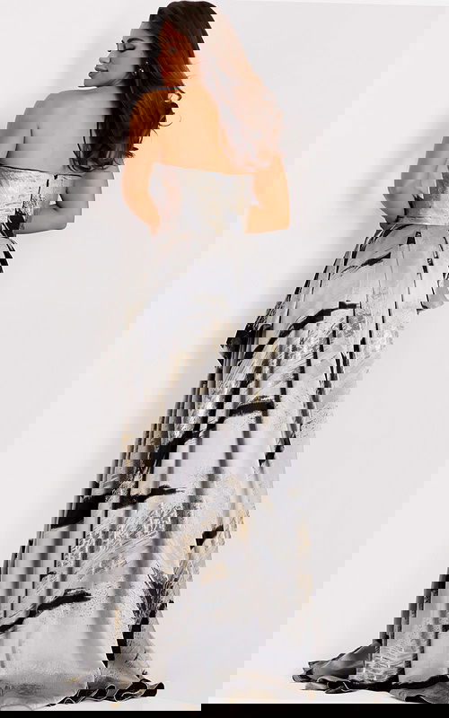 Formal gown with bold brushstroke patterns and structured silhouette