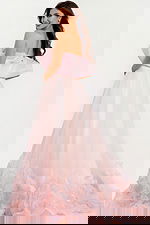 Strapless ball gown with ruffled bodice and floral hemline