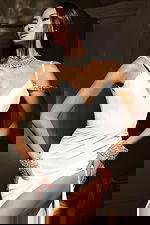 Red and white fitted evening dress with crystal embellishments