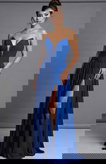 strapless royal blue high slit ruched dress 44405