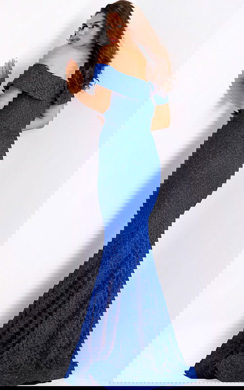 Back view of off-shoulder royal blue mermaid dress