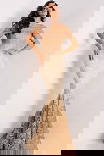 Off-the-shoulder gold lace mermaid gown front view