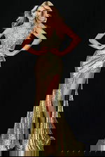 Gold sequin halter prom dress with plunging neckline and thigh-high slit