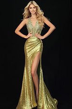 Gold sequin halter prom dress with plunging neckline and thigh-high slit