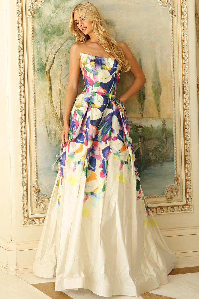 Strapless Multicolor Floral Ball Gown 44434 | Jovani