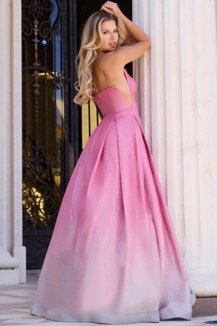 Scoop neck formal dress with pleated skirt and sparkle