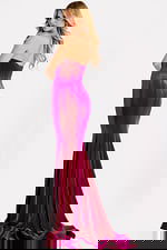 Elegant velvet strapless gown with structured bodice and flowing skirt