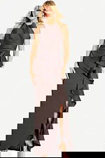 Halter satin gown with cascading ruffle and side slit