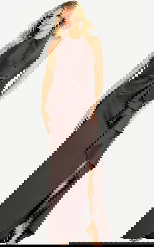 Halter satin gown with cascading ruffle and side slit