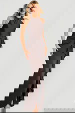 Elegant floor-length satin dress with fitted bodice