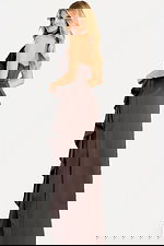 Brown satin evening gown featuring halter neckline and draped detailing