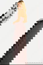 Brown satin evening gown featuring halter neckline and draped detailing