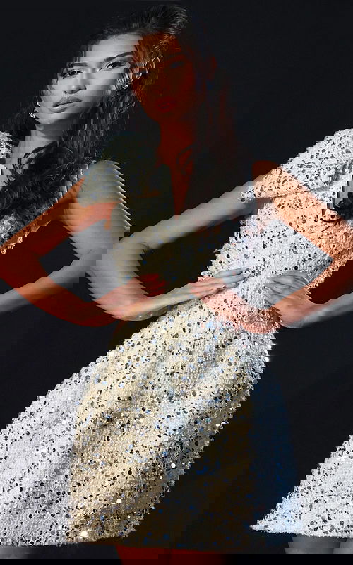 Beaded tweed mini cocktail dress with shimmering silver sequins and v neckline