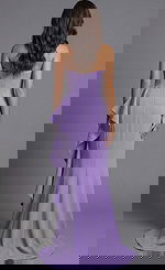 Jovani 43401 lilac one-shoulder mermaid evening gown with twisted strap detail, asymmetric pleated bodice, and sweeping train.