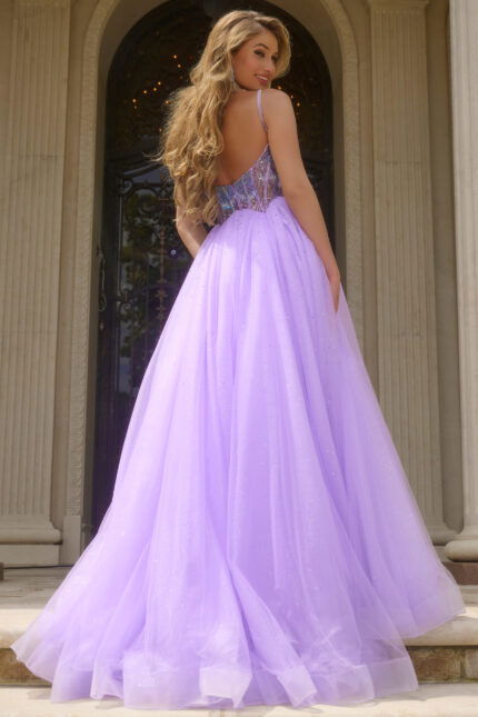 Back view of Jovani 44511 lilac gown showing low back detail.