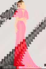 Elegant satin gown featuring dramatic puff sleeves, open back with bow detail, and floor-length mermaid skirt.