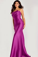 One-shoulder satin gown with a layered neckline and fitted mermaid silhouette that flares gracefully at the hem.