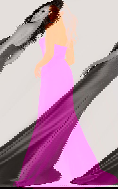 Strapless satin gown with a sleek fitted silhouette and subtle train, featuring a smooth back zipper closure.