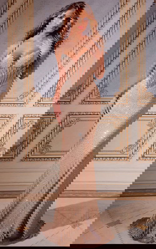 Model wearing Jovani 44538 floor-length gold dress with embellished bodice and sweetheart neckline.