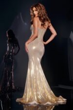 Back view of model wearing Jovani 44539 gold gown with elegant silhouette.