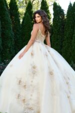 Jovani 44559 ball gown with voluminous skirt and back lace detailing.