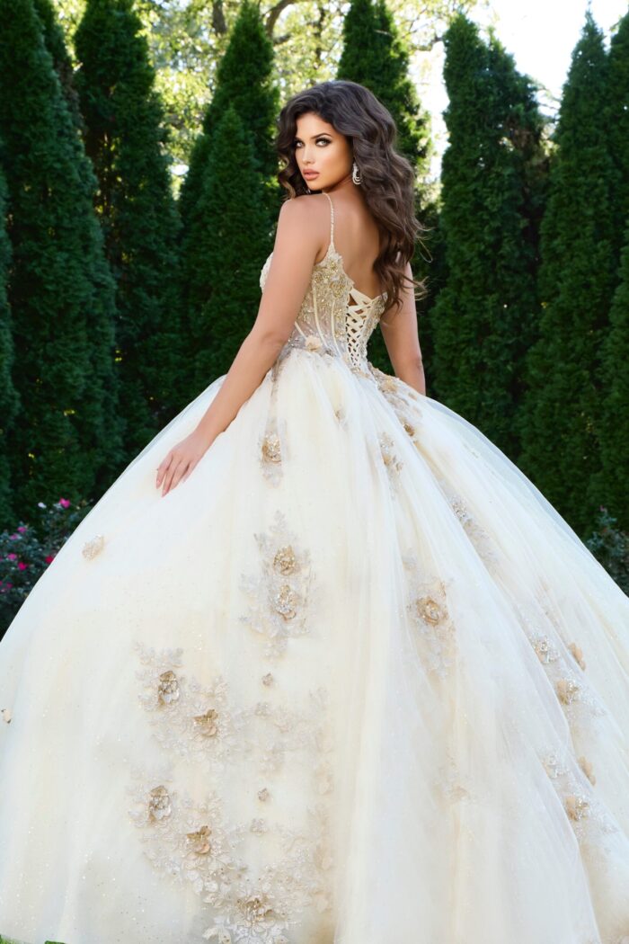 Jovani 44559 ball gown with voluminous skirt and back lace detailing.