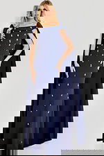 navy blue embellished short sleeve dress with cape over the shoulder 44575