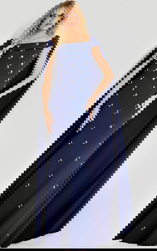 navy blue embellished short sleeve dress with cape over the shoulder 44575
