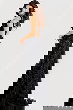 Sleeveless V-neck beaded evening dress with flowing side train