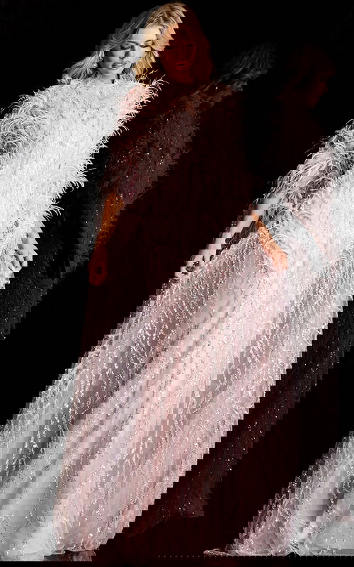 Feather embellished gown with sequin detailing and sheer cape