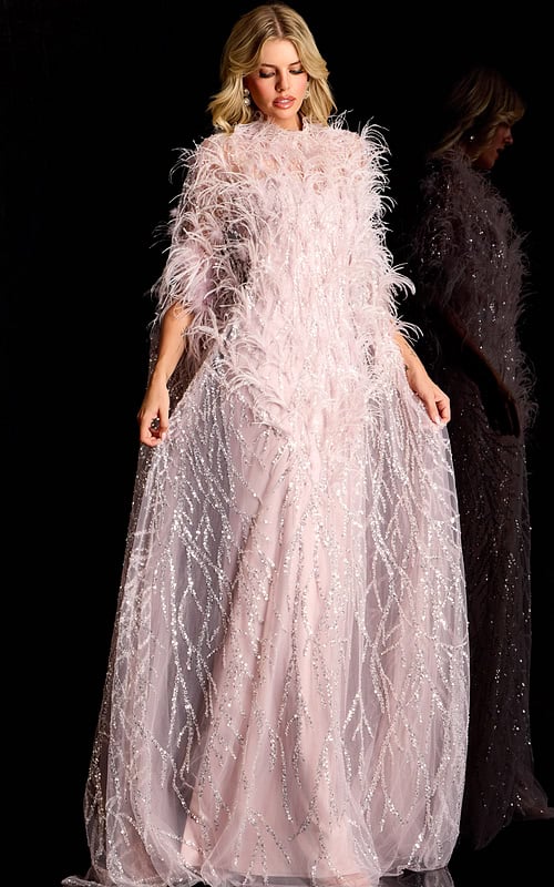 Feather embellished gown with sequin detailing and sheer cape